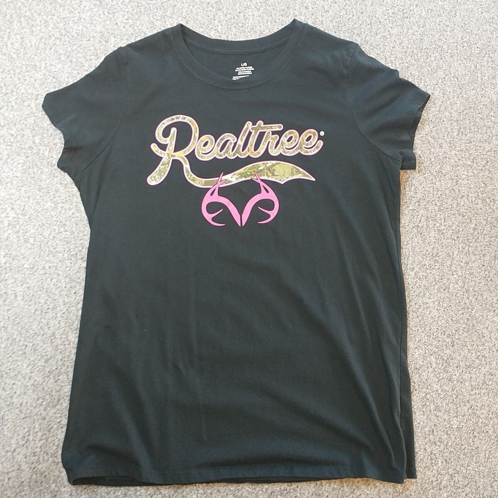 Bill Jordan's REALTREE SS T Shirt Tee Womens Large BLACK PINK & GREEN CAMO